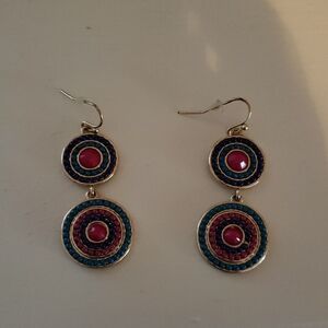 Geometric Red and Blue Double-Circle Earrings